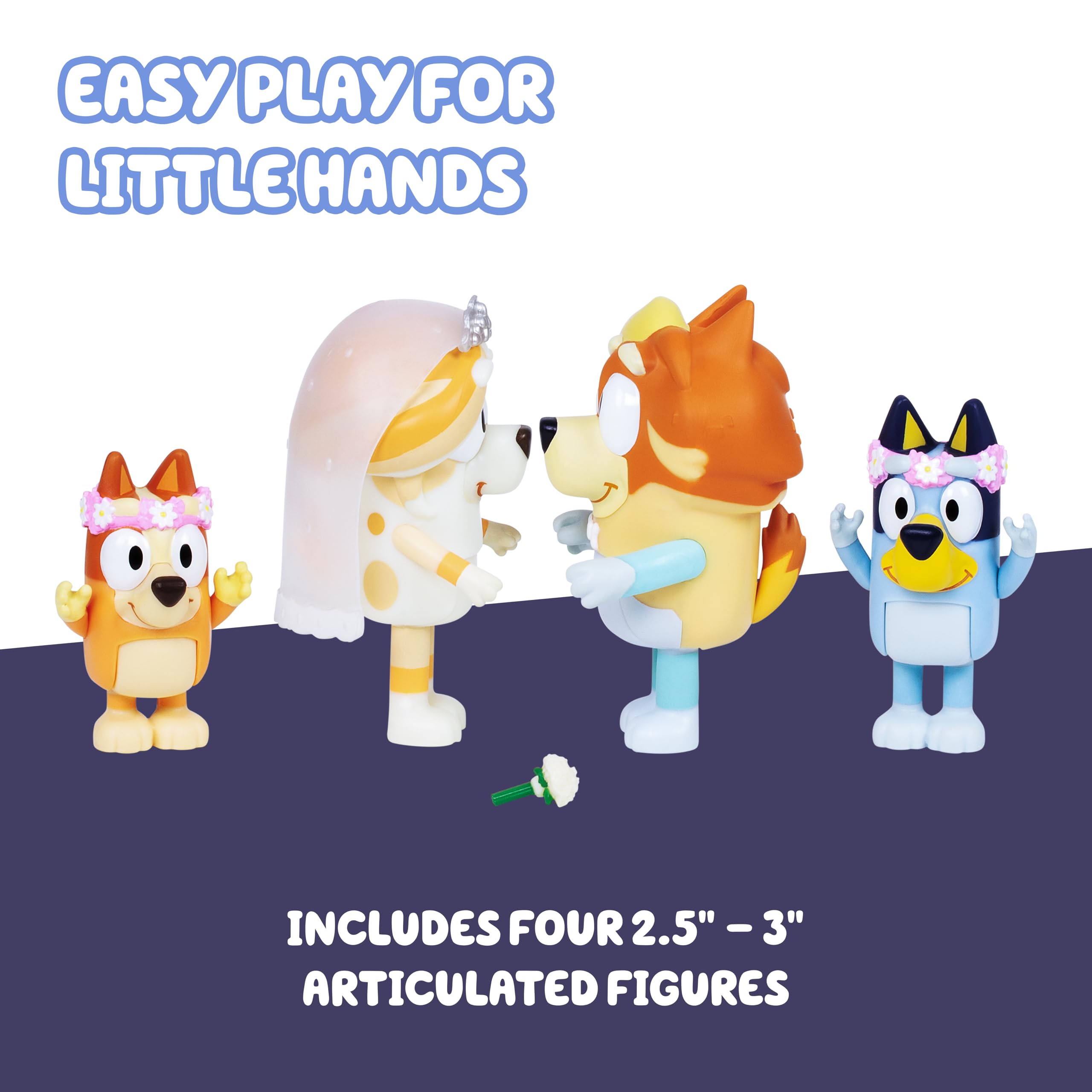 Bluey Wedding Figures 4-Pack: Uncle Rad, Frisky & Flower Girl Bingo Articulated Toys for Ages 3+