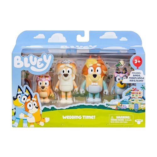 Bluey Wedding Figures 4-Pack: Uncle Rad, Frisky & Flower Girl Bingo Articulated Toys for Ages 3+
