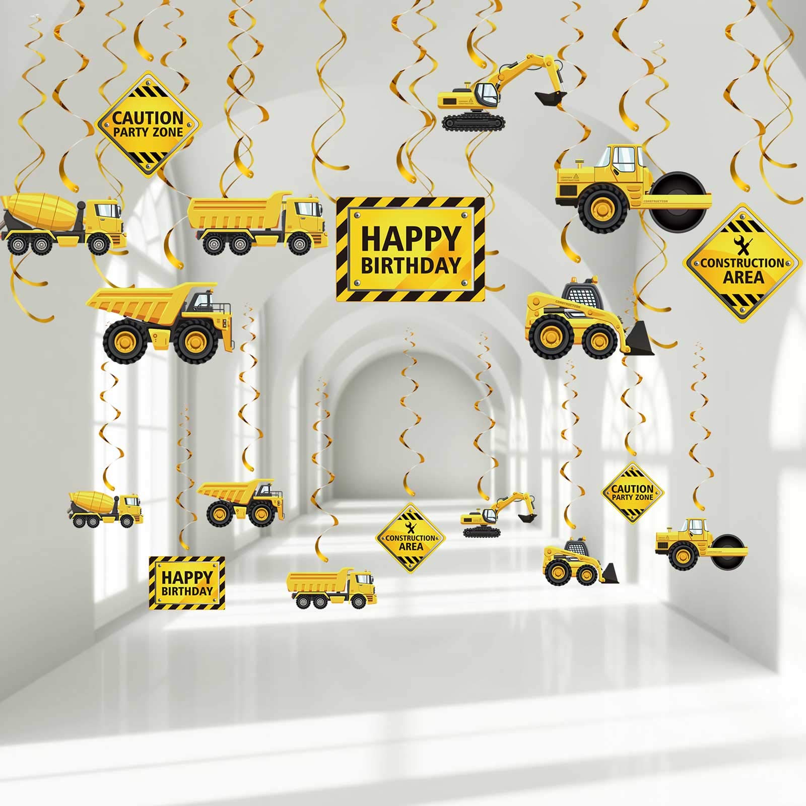 Blulu 30-Piece Construction Birthday Party Decorations – Yellow & Black Swirls with Trucks and Signs