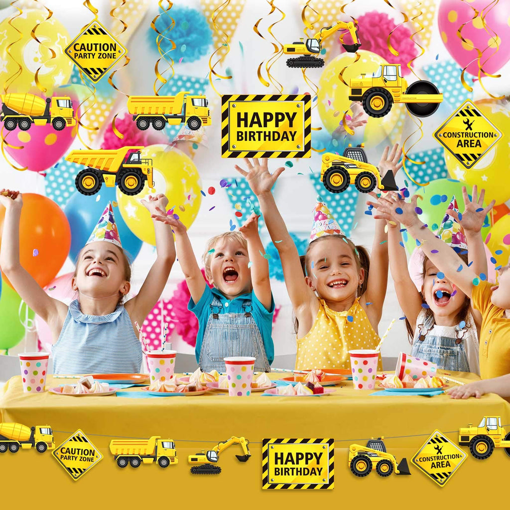 Blulu 30-Piece Construction Birthday Party Decorations – Yellow & Black Swirls with Trucks and Signs