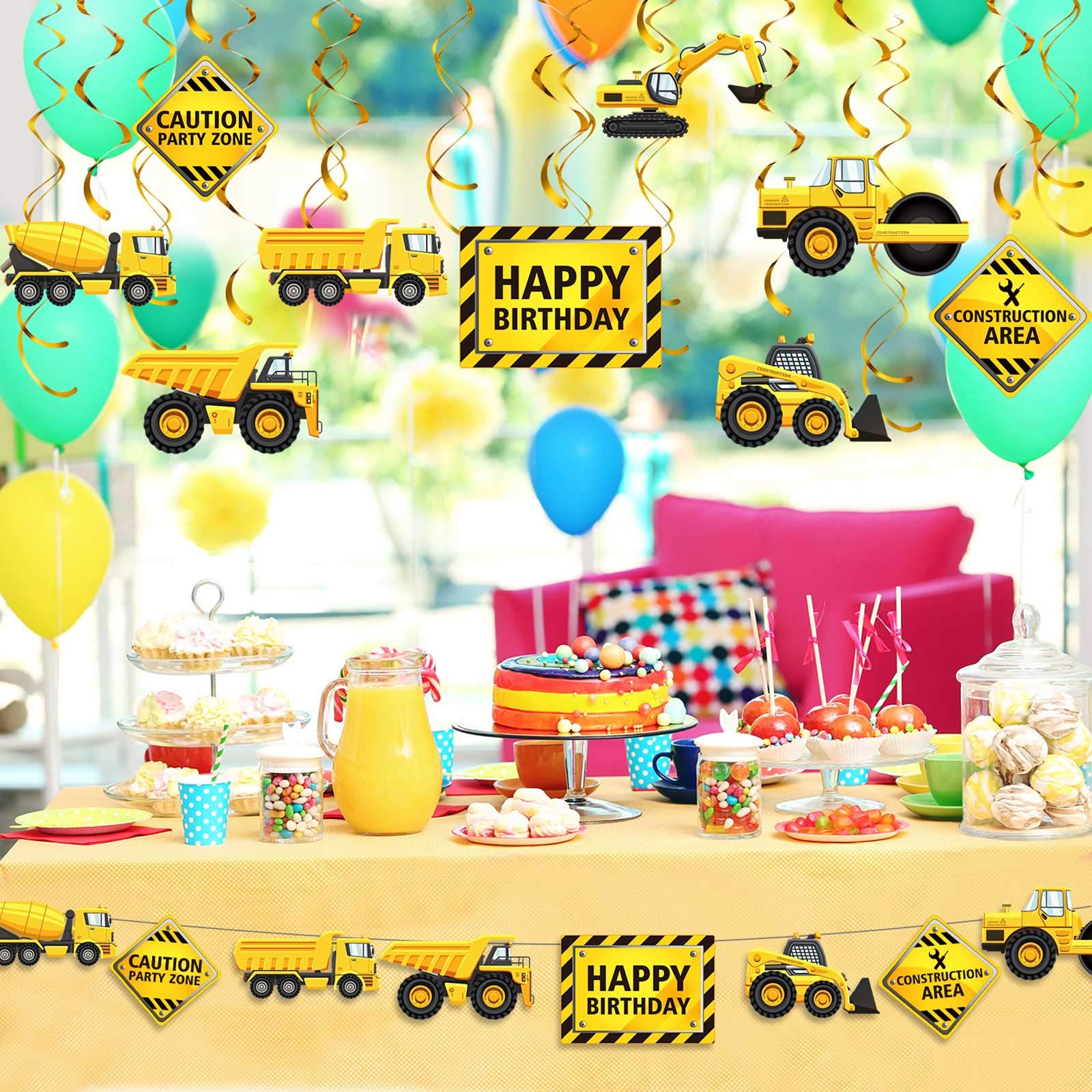 Blulu 30-Piece Construction Birthday Party Decorations – Yellow & Black Swirls with Trucks and Signs