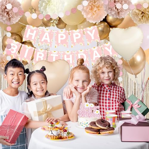 Blush Beige Birthday Decor Kit with Daisy Banner, Balloons & Fringe Curtain