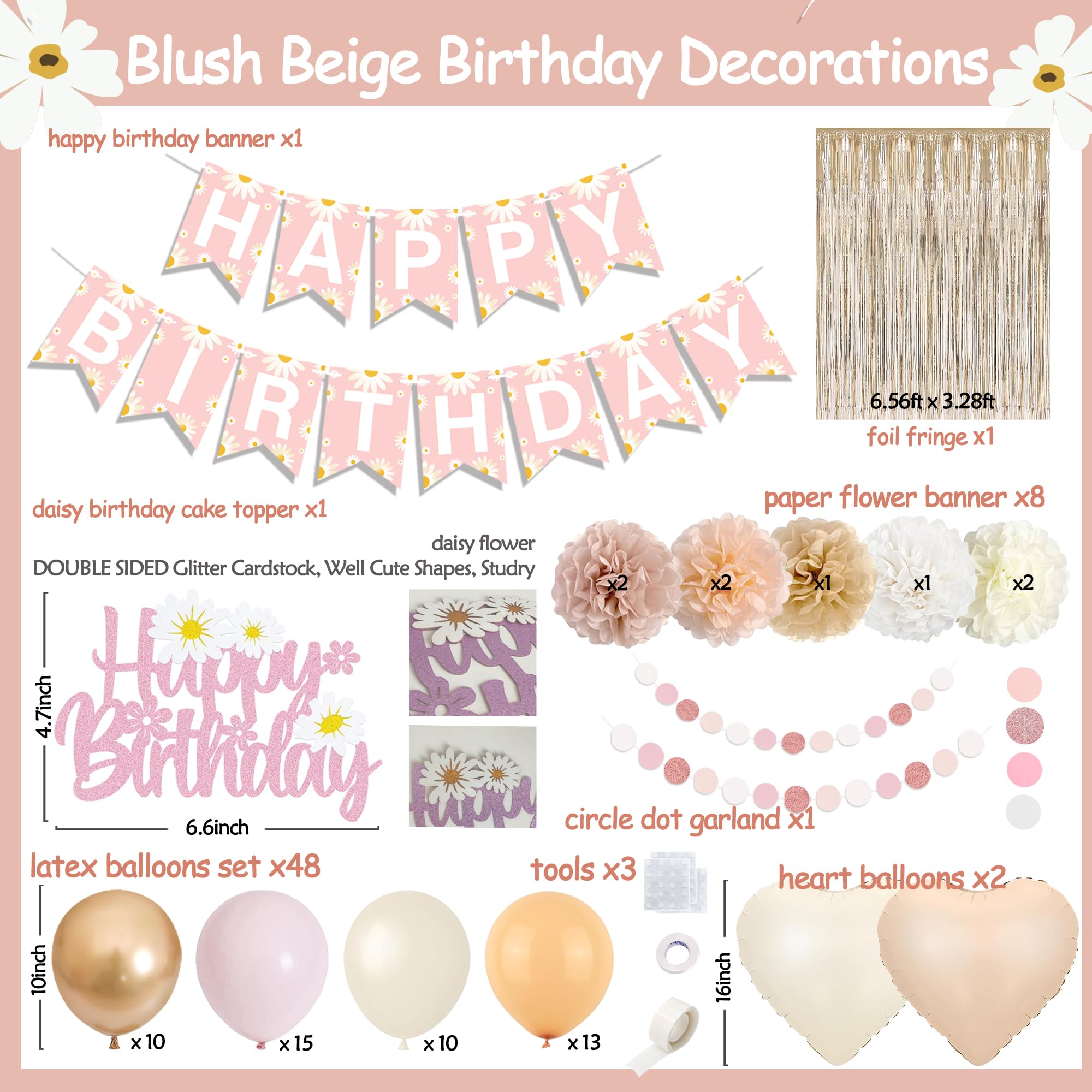 Blush Beige Birthday Decor Kit with Daisy Banner, Balloons & Fringe Curtain