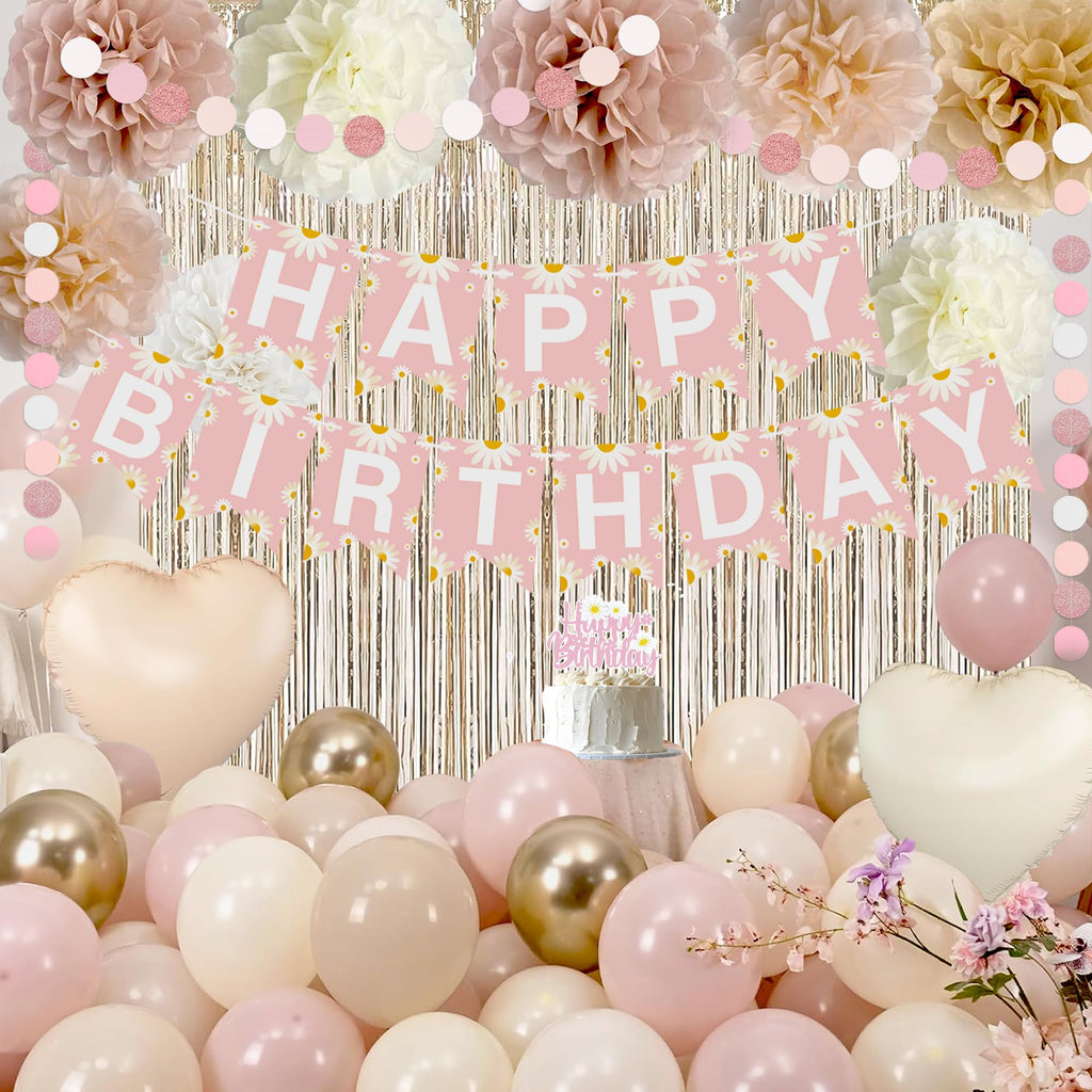 Blush Beige Birthday Decor Kit with Daisy Banner, Balloons & Fringe Curtain