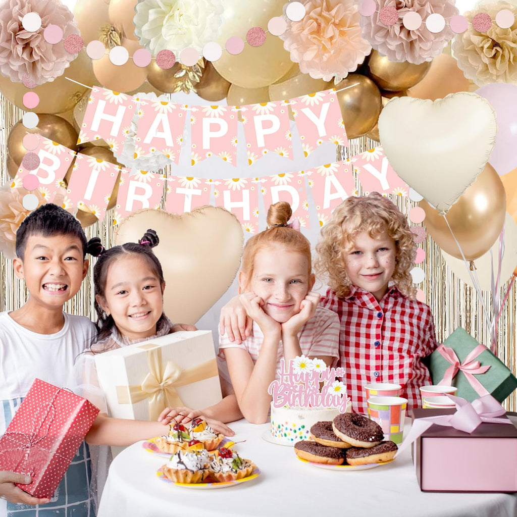 Blush Beige Birthday Decor Kit with Daisy Banner, Balloons & Fringe Curtain