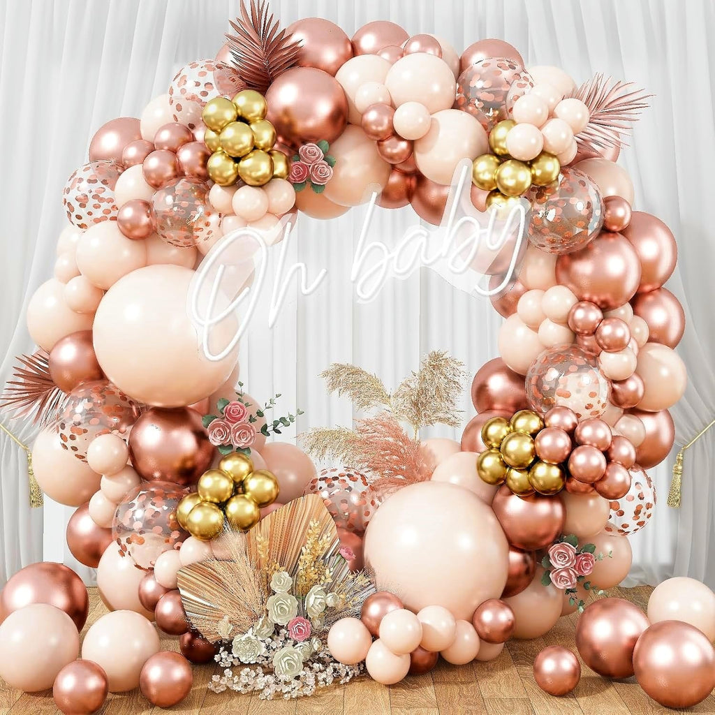 Blush Rose Gold Balloon Garland Arch Kit – 119 Pieces Peach Pink Gold Pastel Orange Confetti Balloons for Party Decor