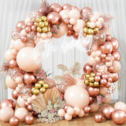 Blush Rose Gold Balloon Garland Arch Kit – 119 Pieces Peach Pink Gold Pastel Orange Confetti Balloons for Party Decor
