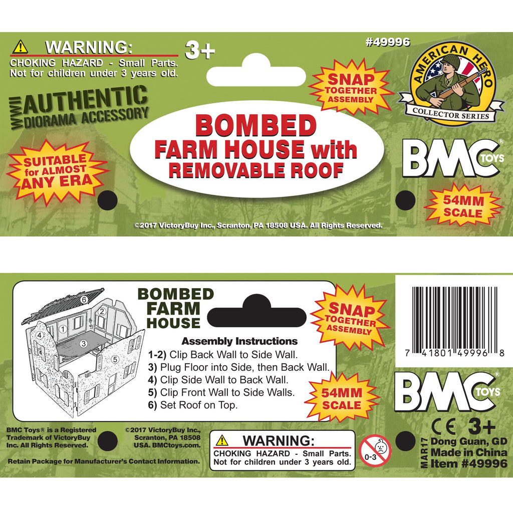BMC Toys Bombed French Farm House - Plastic 1:32 Scale Playset Accessory (Tan with Gray Roof)