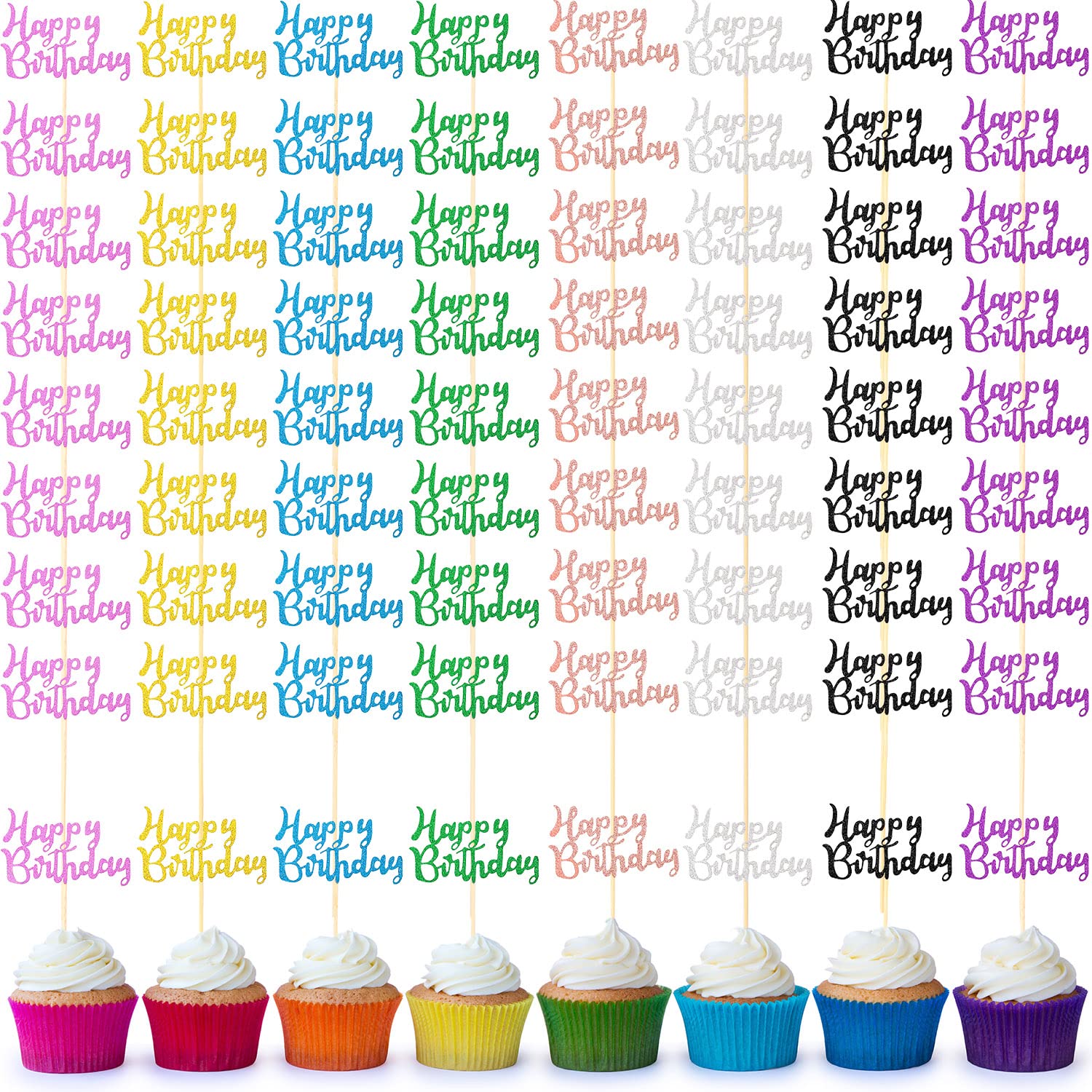 Boao 64-Pack Happy Birthday Cupcake Toppers – Glitter Cake Picks, 8 Colors, Non-Toxic Bamboo Stick Decorations for Parties