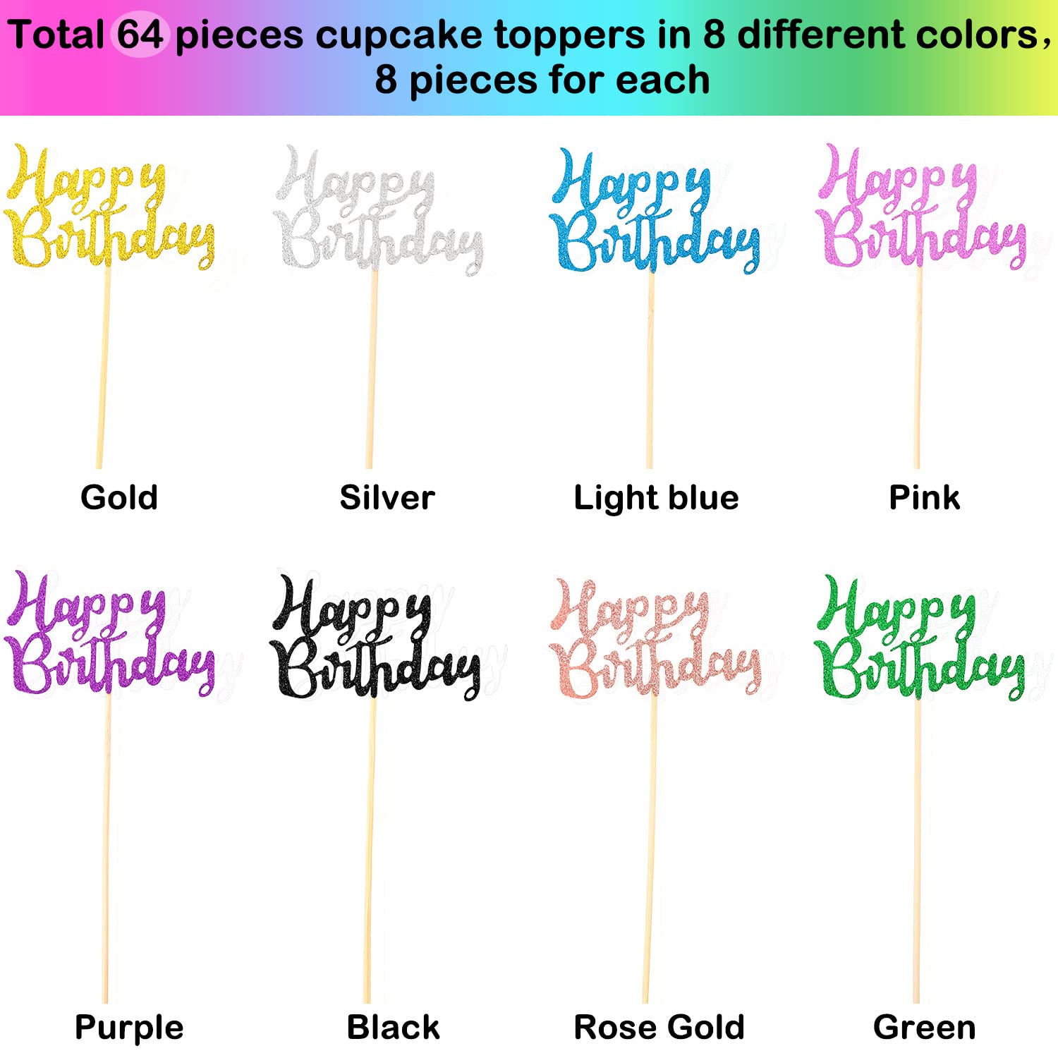 Boao 64-Pack Happy Birthday Cupcake Toppers – Glitter Cake Picks, 8 Colors, Non-Toxic Bamboo Stick Decorations for Parties