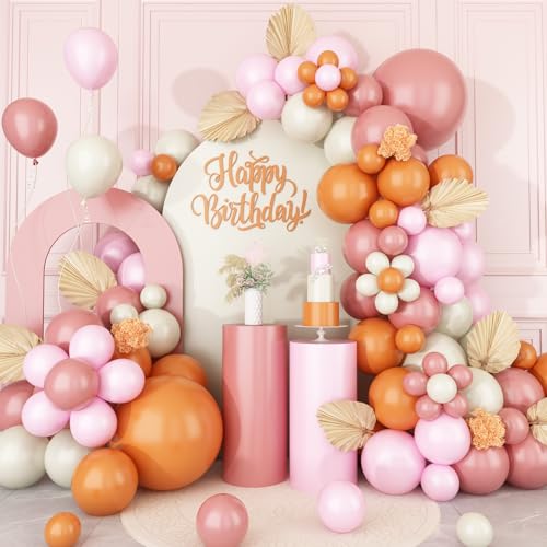 Boho Balloon Garland Arch Kit - Dusty Pink, Orange, Macaron Pink & Sand White - 114 Latex Balloons for Wedding, Birthday, Boho Party Decor - FunHot