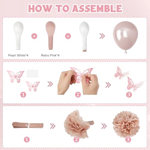 Boho Dusty Pink Birthday Decorations Kit – Blush Beige & Gold Balloons, Butterfly, Fringe Curtain, Banner & Pompoms for Women/Girls