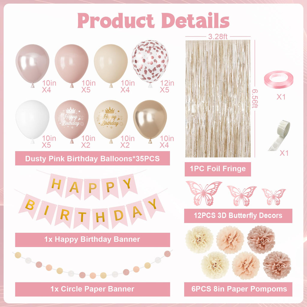 Boho Dusty Pink Birthday Decorations Kit – Blush Beige & Gold Balloons, Butterfly, Fringe Curtain, Banner & Pompoms for Women/Girls