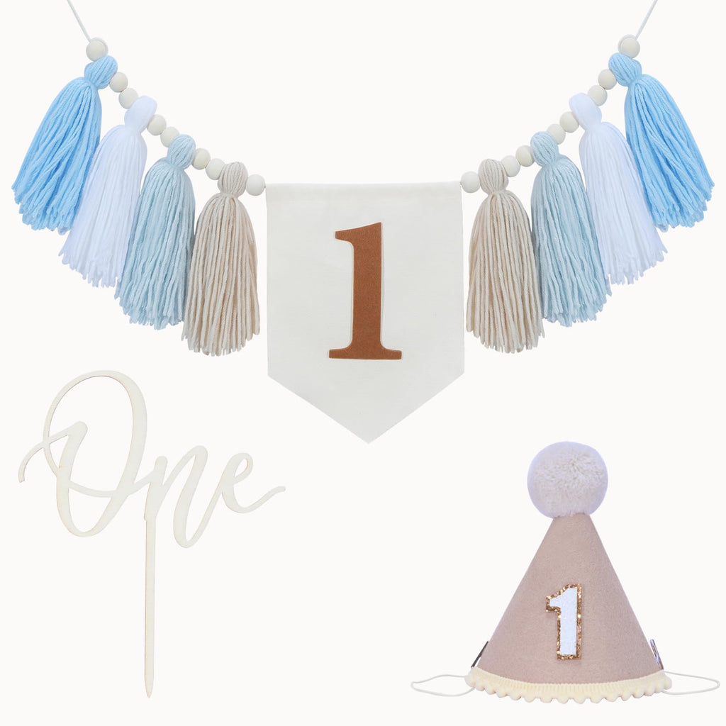 Boho First Birthday Decorations for Boys: High Chair Banner, Party Hat & Cake Topper Set (Brown, 3-Piece)