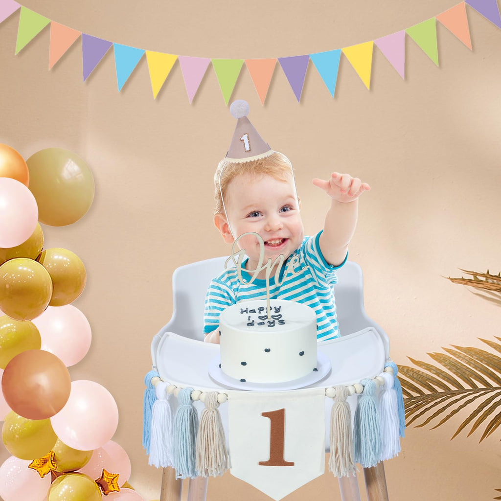 Boho First Birthday Decorations for Boys: High Chair Banner, Party Hat & Cake Topper Set (Brown, 3-Piece)