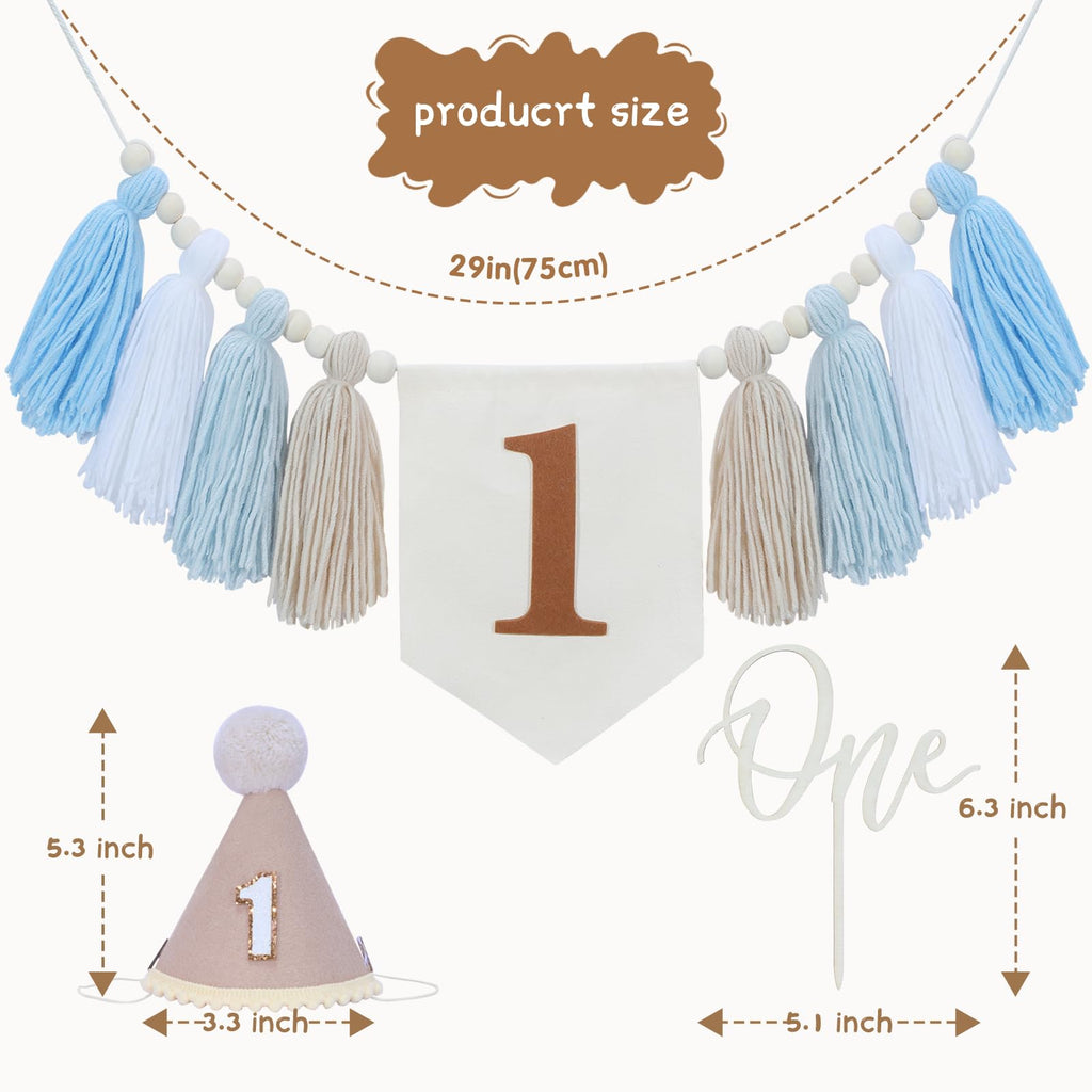 Boho First Birthday Decorations for Boys: High Chair Banner, Party Hat & Cake Topper Set (Brown, 3-Piece)