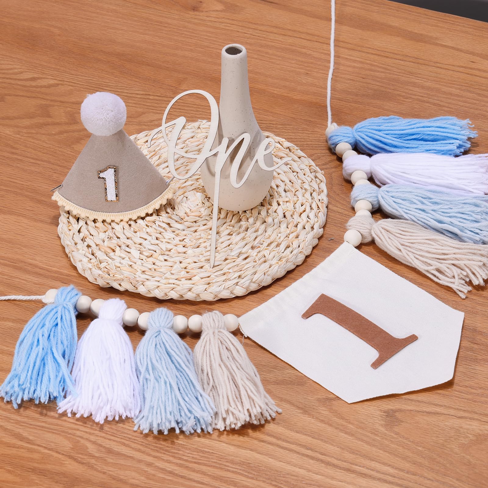 Boho First Birthday Decorations for Boys: High Chair Banner, Party Hat & Cake Topper Set (Brown, 3-Piece)