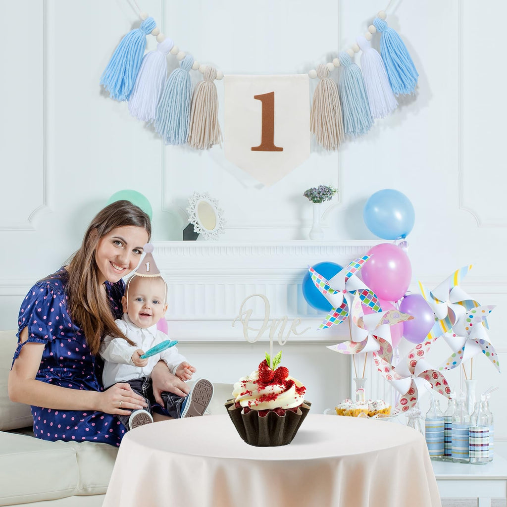 Boho First Birthday Decorations for Boys: High Chair Banner, Party Hat & Cake Topper Set (Brown, 3-Piece)