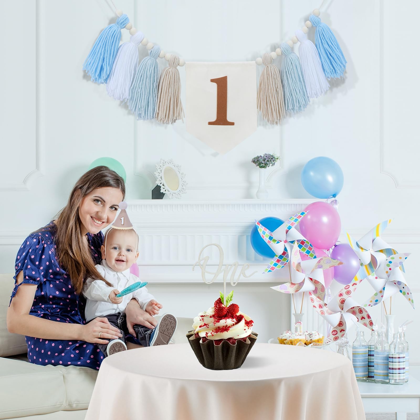 Boho First Birthday Decorations for Boys: High Chair Banner, Party Hat & Cake Topper Set (Brown, 3-Piece)