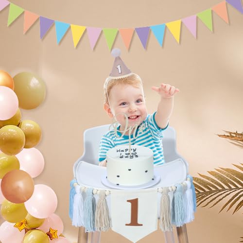 Boho First Birthday Decorations for Boys: High Chair Banner, Party Hat & Cake Topper Set (Brown, 3-Piece)