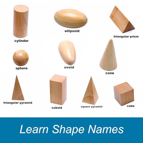 BOHS Geometric Solids Guess Game - 10 Wooden 3D Shapes for Kids Ages 3+