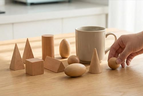 BOHS Geometric Solids Guess Game - 10 Wooden 3D Shapes for Kids Ages 3+