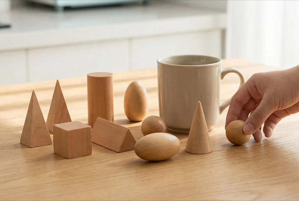 BOHS Geometric Solids Guess Game - 10 Wooden 3D Shapes for Kids Ages 3+