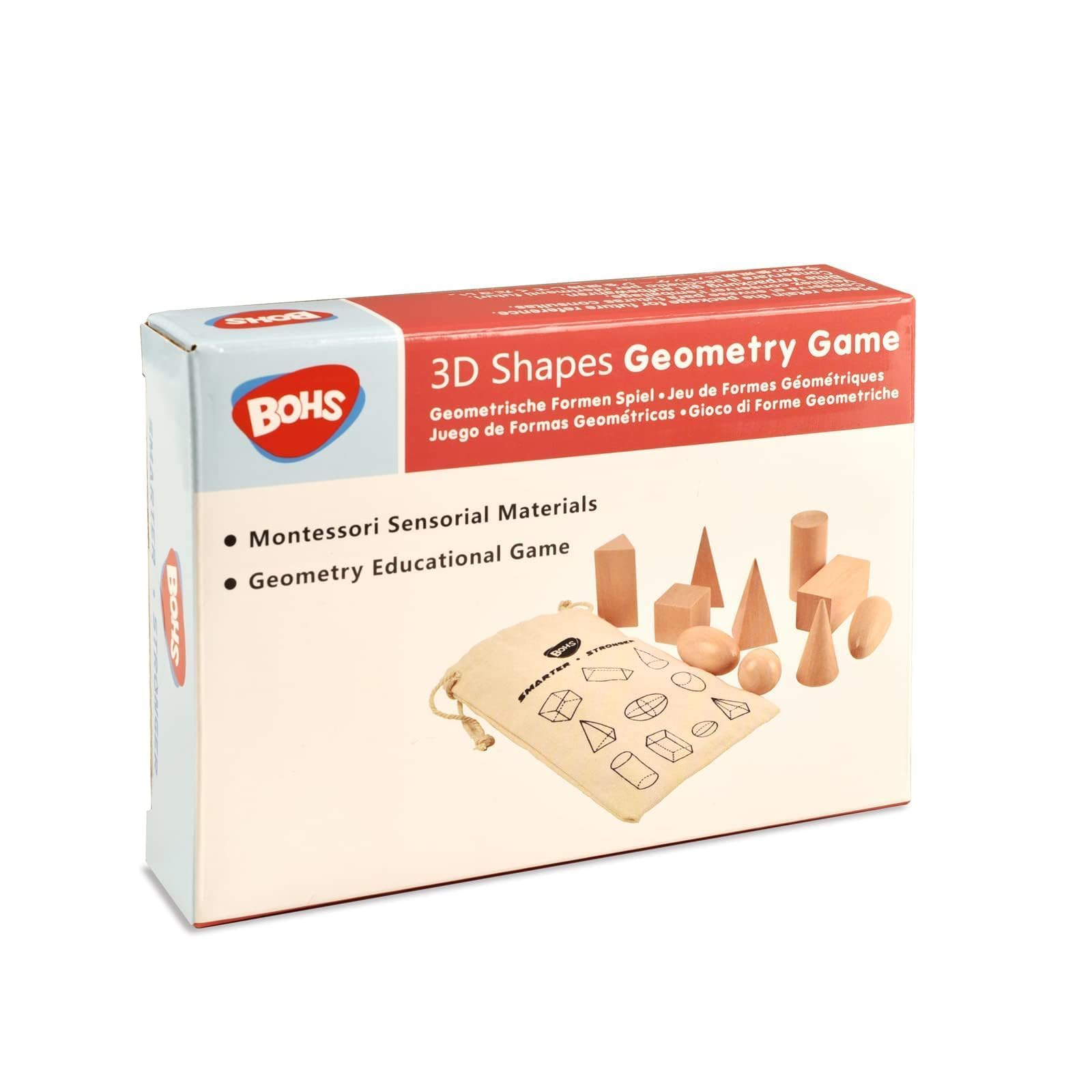 BOHS Geometric Solids Guess Game - 10 Wooden 3D Shapes for Kids Ages 3+