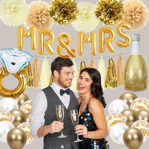 Bolake Gold & White Engagement Party Decorations Kit – 50 Pieces Including Banner, Balloons, Pom Poms, and Tassels