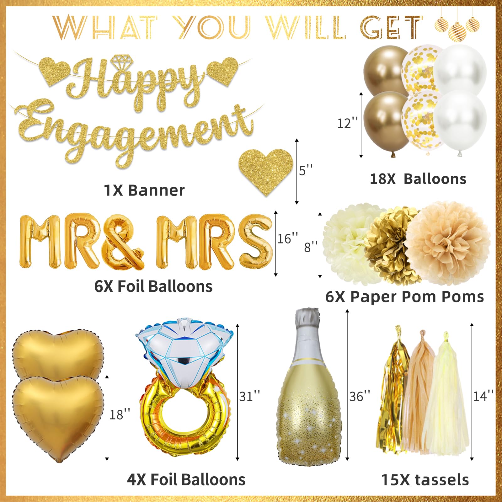 Bolake Gold & White Engagement Party Decorations Kit – 50 Pieces Including Banner, Balloons, Pom Poms, and Tassels