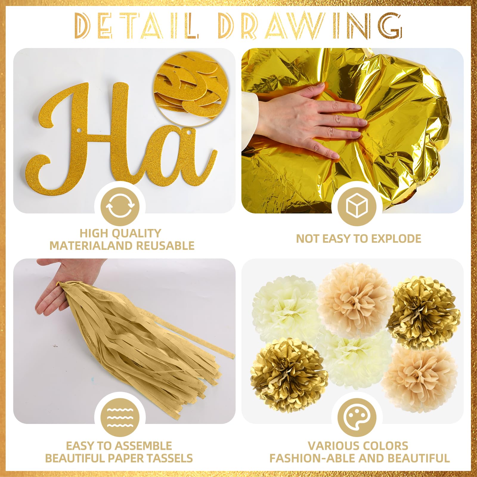 Bolake Gold & White Engagement Party Decorations Kit – 50 Pieces Including Banner, Balloons, Pom Poms, and Tassels