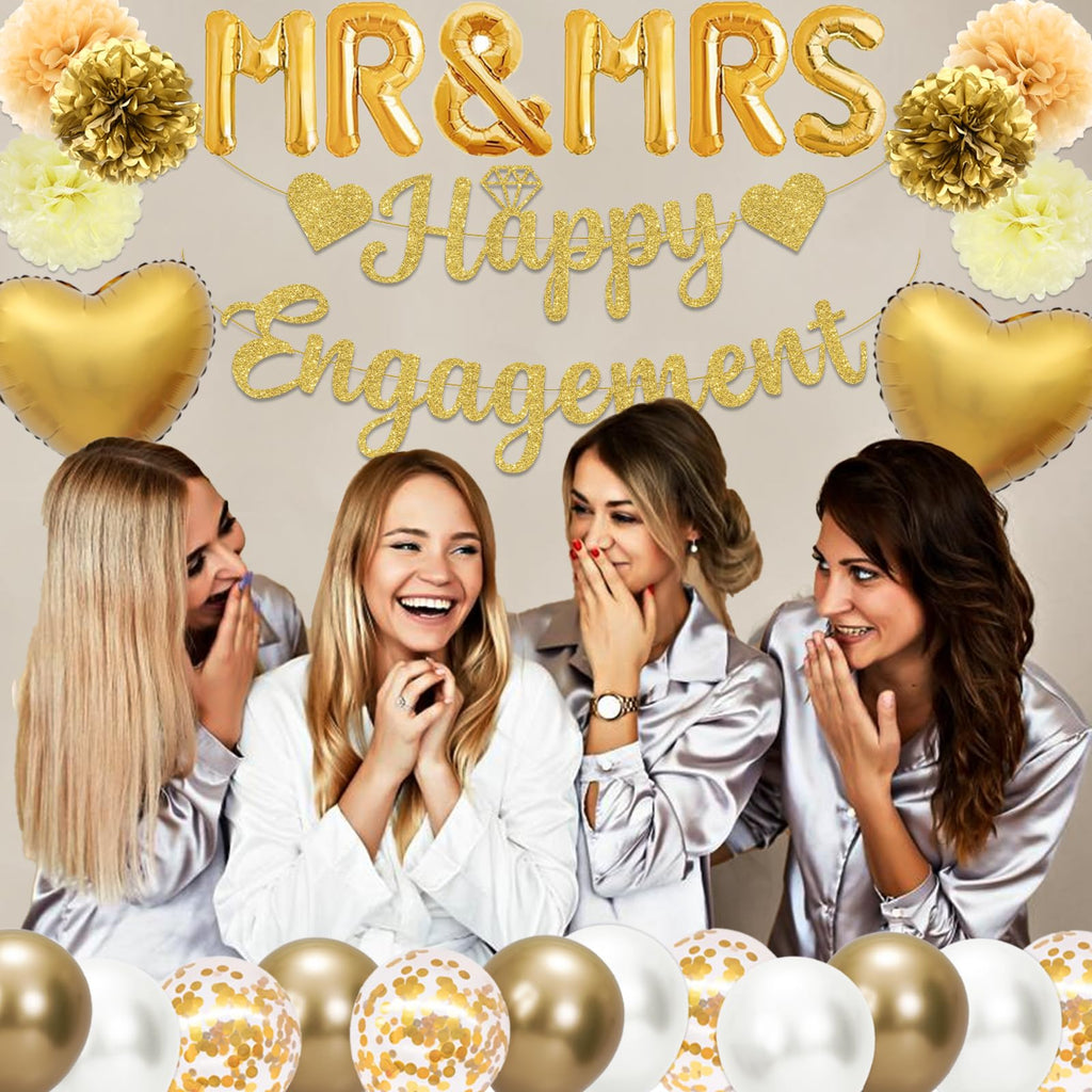 Bolake Gold & White Engagement Party Decorations Kit – 50 Pieces Including Banner, Balloons, Pom Poms, and Tassels