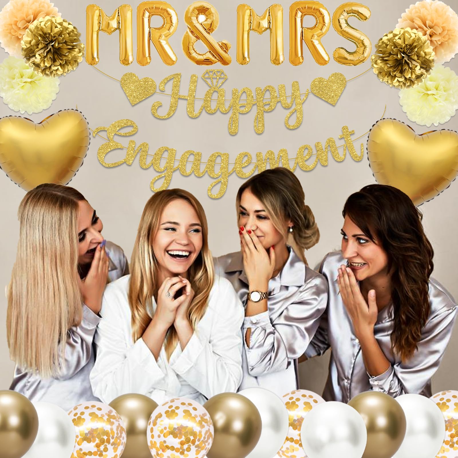 Bolake Gold & White Engagement Party Decorations Kit – 50 Pieces Including Banner, Balloons, Pom Poms, and Tassels