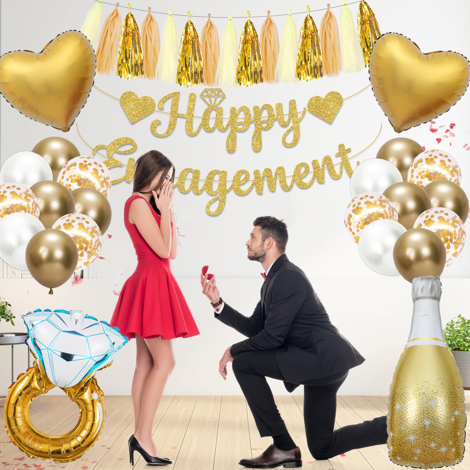 Bolake Gold & White Engagement Party Decorations Kit – 50 Pieces Including Banner, Balloons, Pom Poms, and Tassels