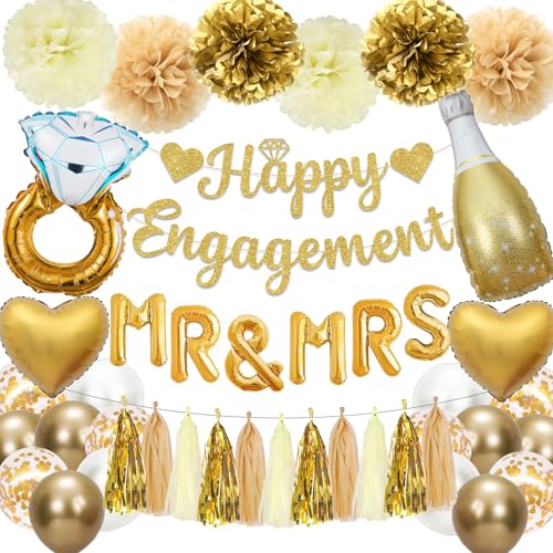 Bolake Gold & White Engagement Party Decorations Kit – 50 Pieces Including Banner, Balloons, Pom Poms, and Tassels