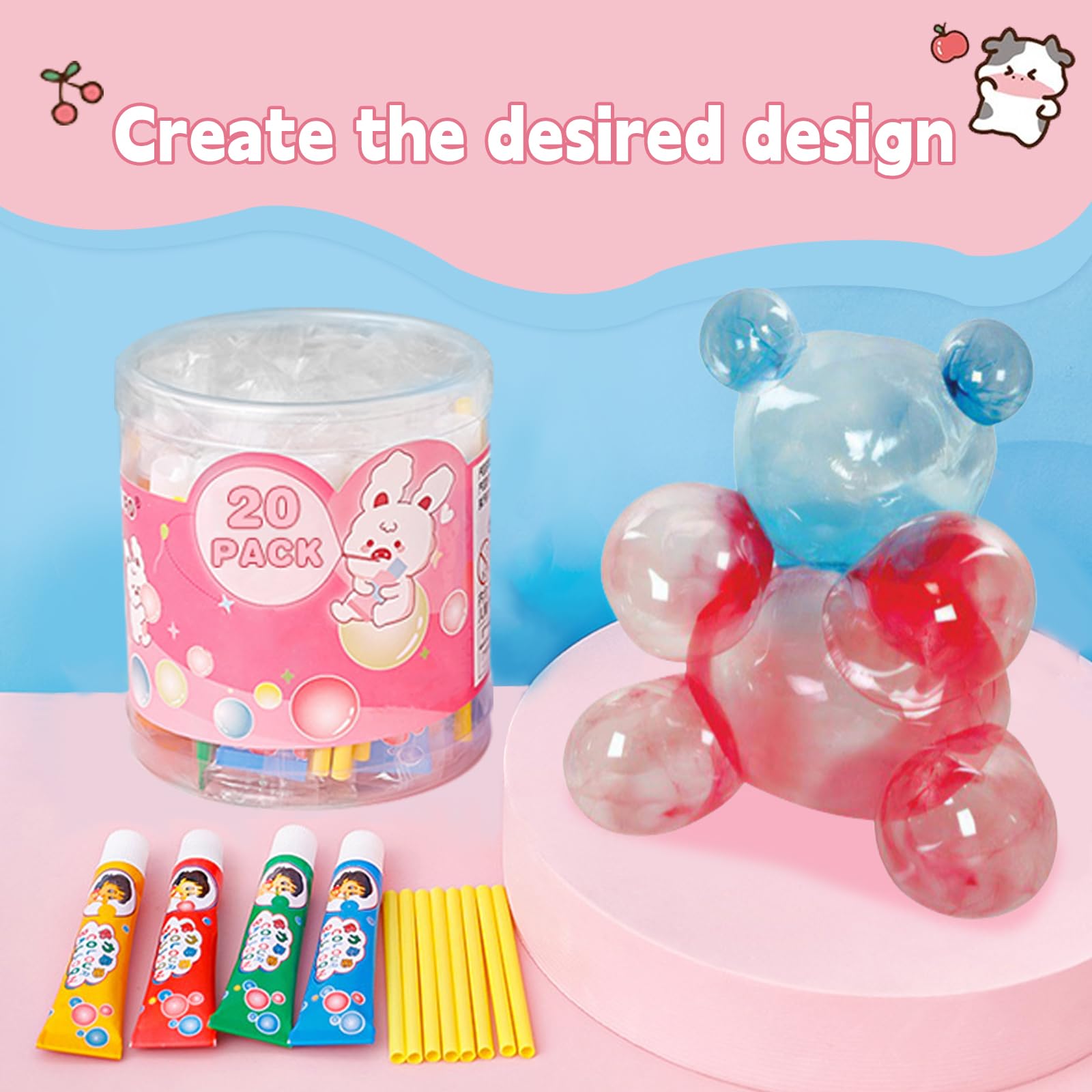 BolianOvi 20-Pack Blow Plastic Bubbles Toy Set with 40 Straws – Large Bubble Balloons for Parties and Birthdays