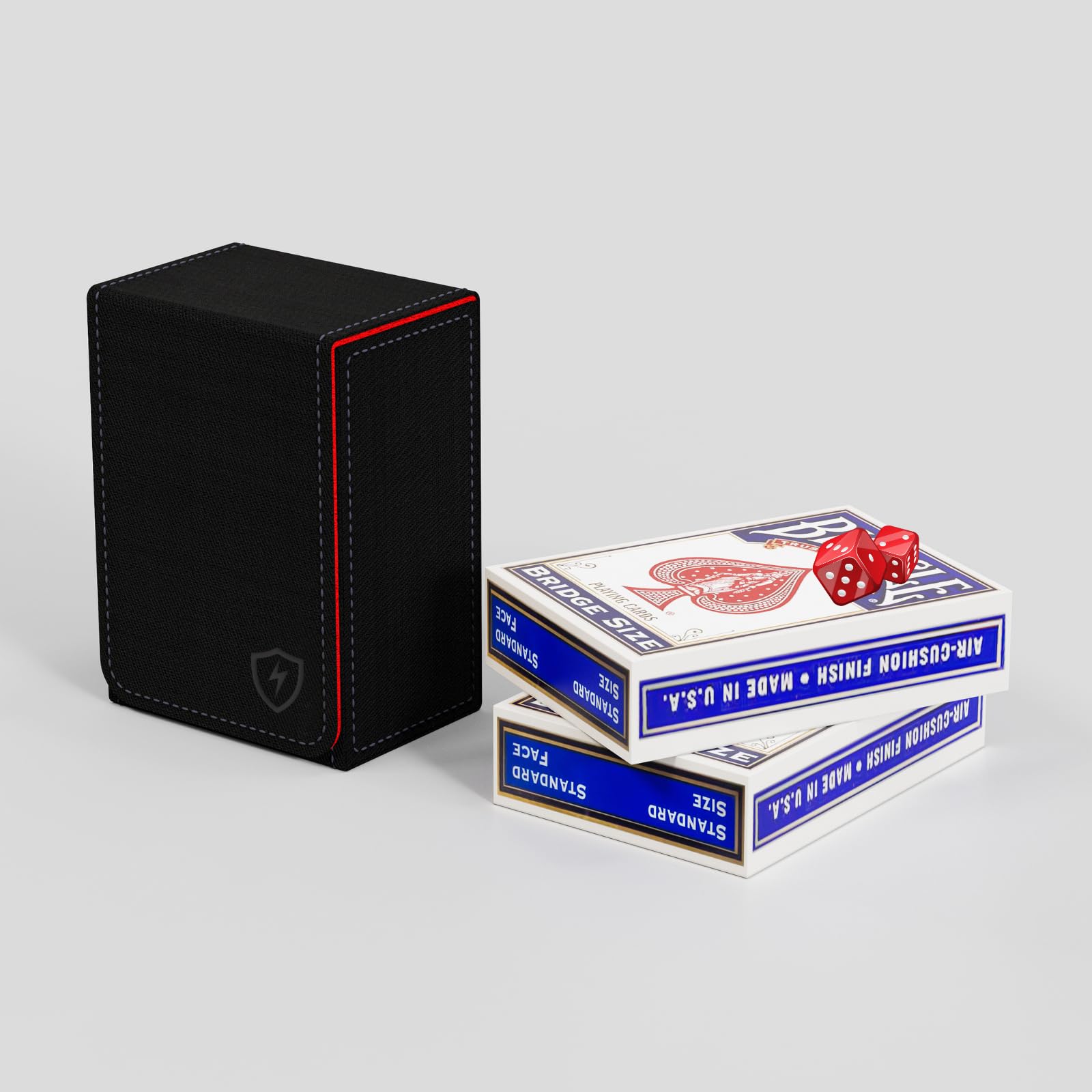 Boltquan Double Decker Leather Card Case – Holds Two Poker Decks, Magnetic Closure, Black-Red