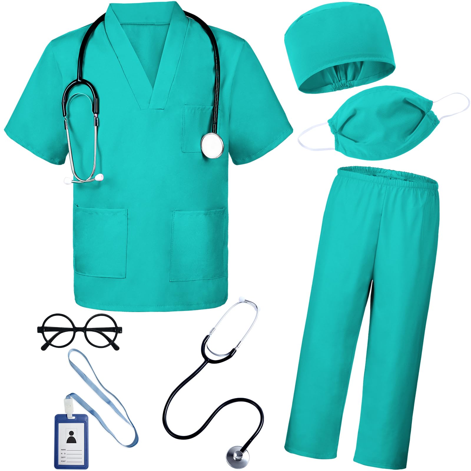 BOMLY 7-Piece Kids Doctor Costume – Toddler Nurse Scrubs Set with Stethoscope, Ages 3-11