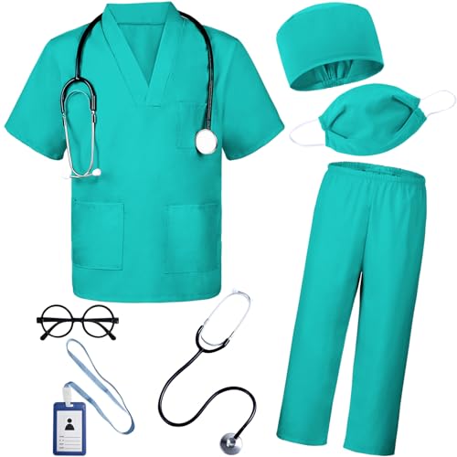 BOMLY Doctor Costume for Kids 7-Piece Scrubs Set with Interactive Stethoscope - Ages 3-11