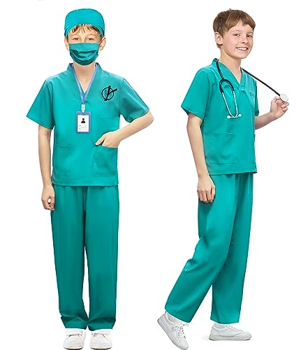 BOMLY Doctor Costume for Kids 7-Piece Scrubs Set with Interactive Stethoscope - Ages 3-11