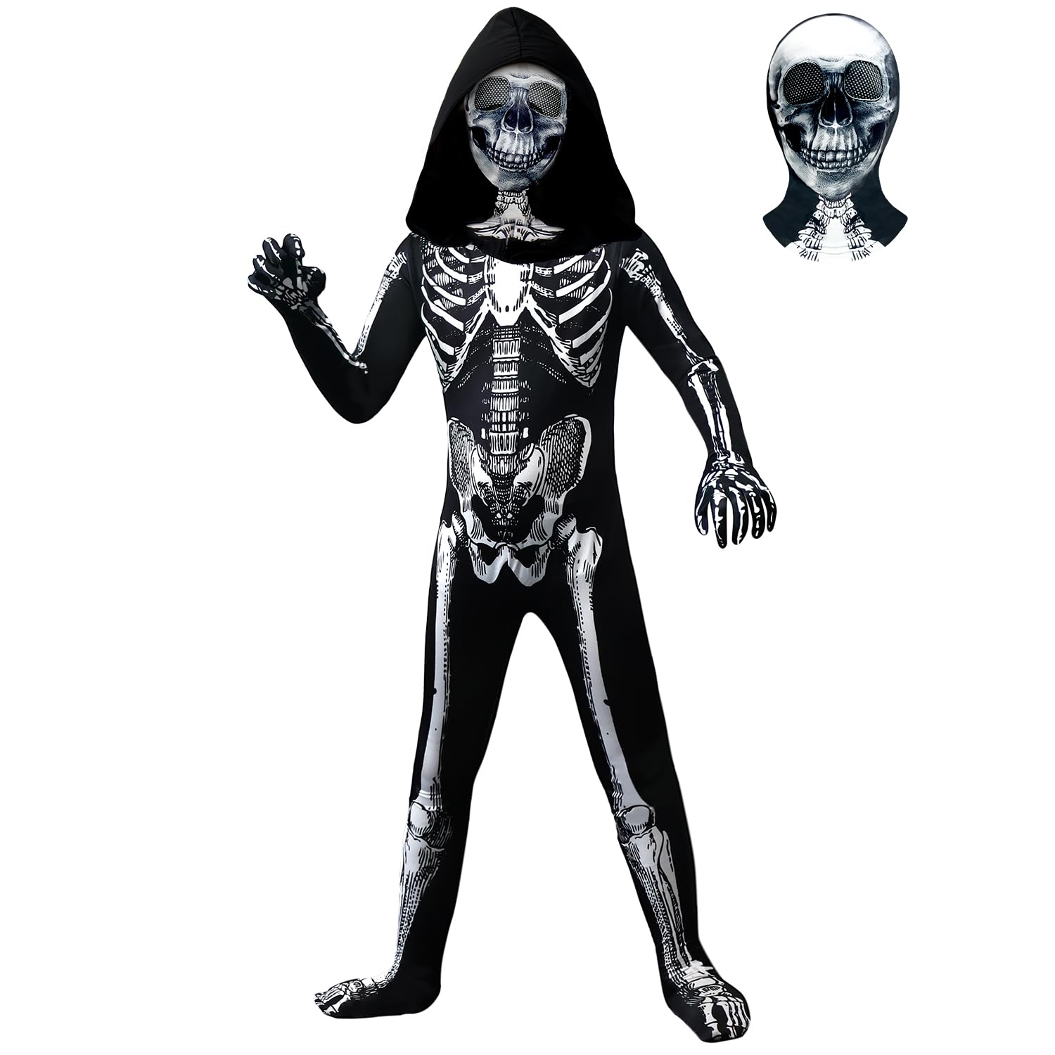 BOMLY Kids Halloween Skeleton Costume – Hooded Jumpsuit with Mask for Boys and Girls