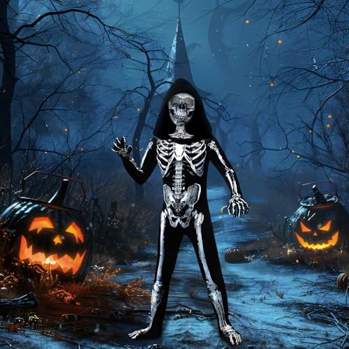 BOMLY Kids Halloween Skeleton Costume – Hooded Jumpsuit with Mask for Boys and Girls