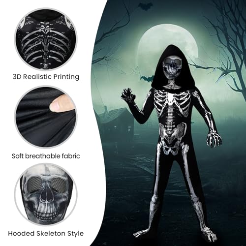 BOMLY Kids Halloween Skeleton Costume – Hooded Jumpsuit with Mask for Boys and Girls