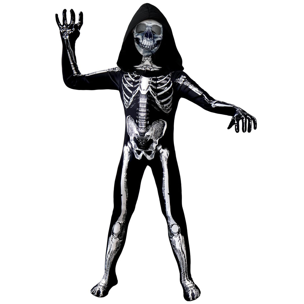 BOMLY Kids Halloween Skeleton Costume – Hooded Jumpsuit with Mask for Boys and Girls