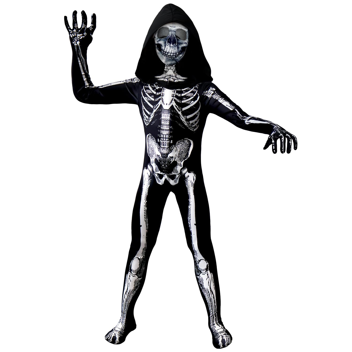BOMLY Kids Halloween Skeleton Costume – Hooded Jumpsuit with Mask for Boys and Girls