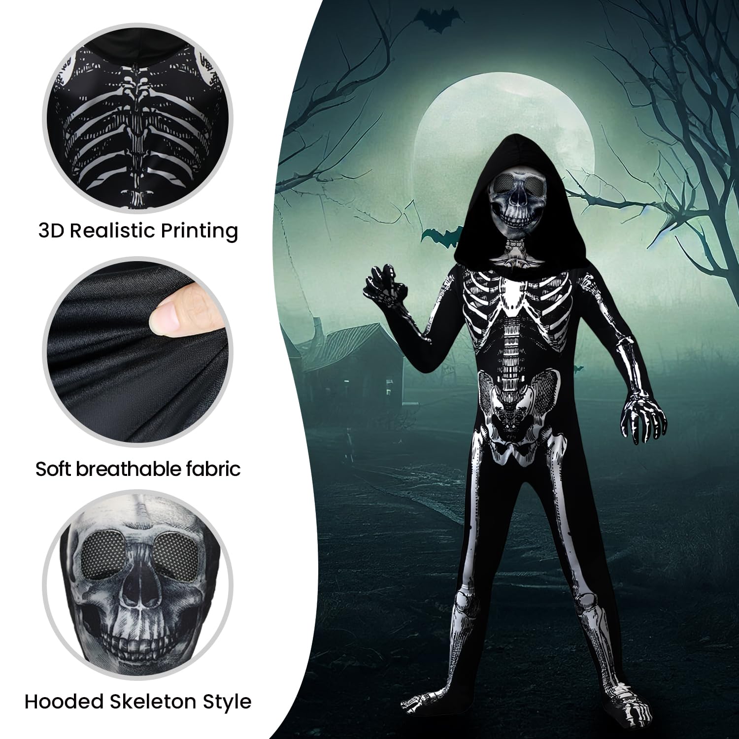 BOMLY Kids Halloween Skeleton Costume – Hooded Jumpsuit with Mask for Boys and Girls