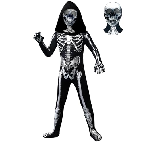 BOMLY Kids Halloween Skeleton Costume – Hooded Jumpsuit with Mask for Boys and Girls