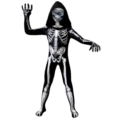 BOMLY Kids Halloween Skeleton Costume – Hooded Jumpsuit with Mask for Boys and Girls