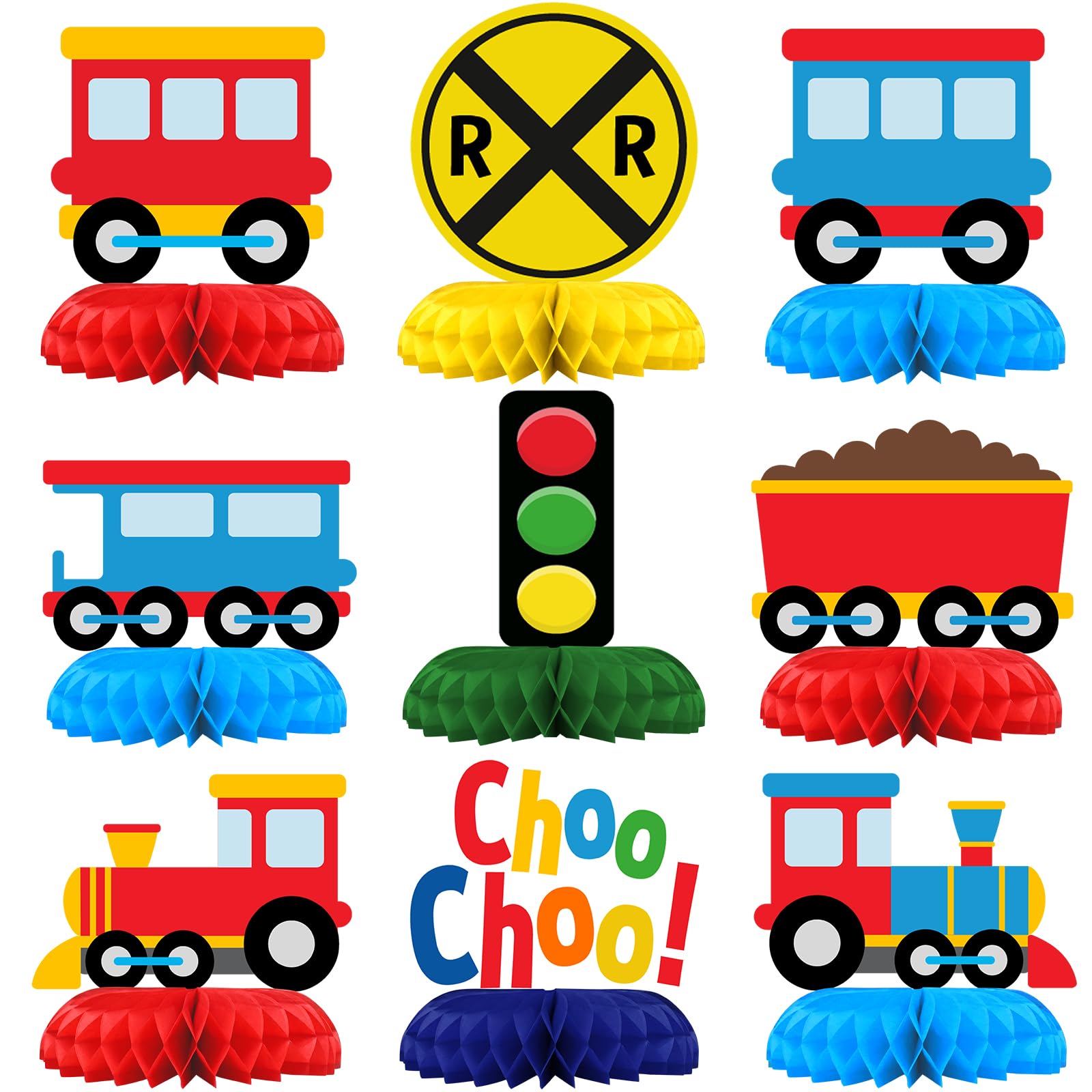 BonBeeDesign 9-Pack Train Table Decorations - Colorful Train Party Table Toppers for Kids Birthday and Baby Shower