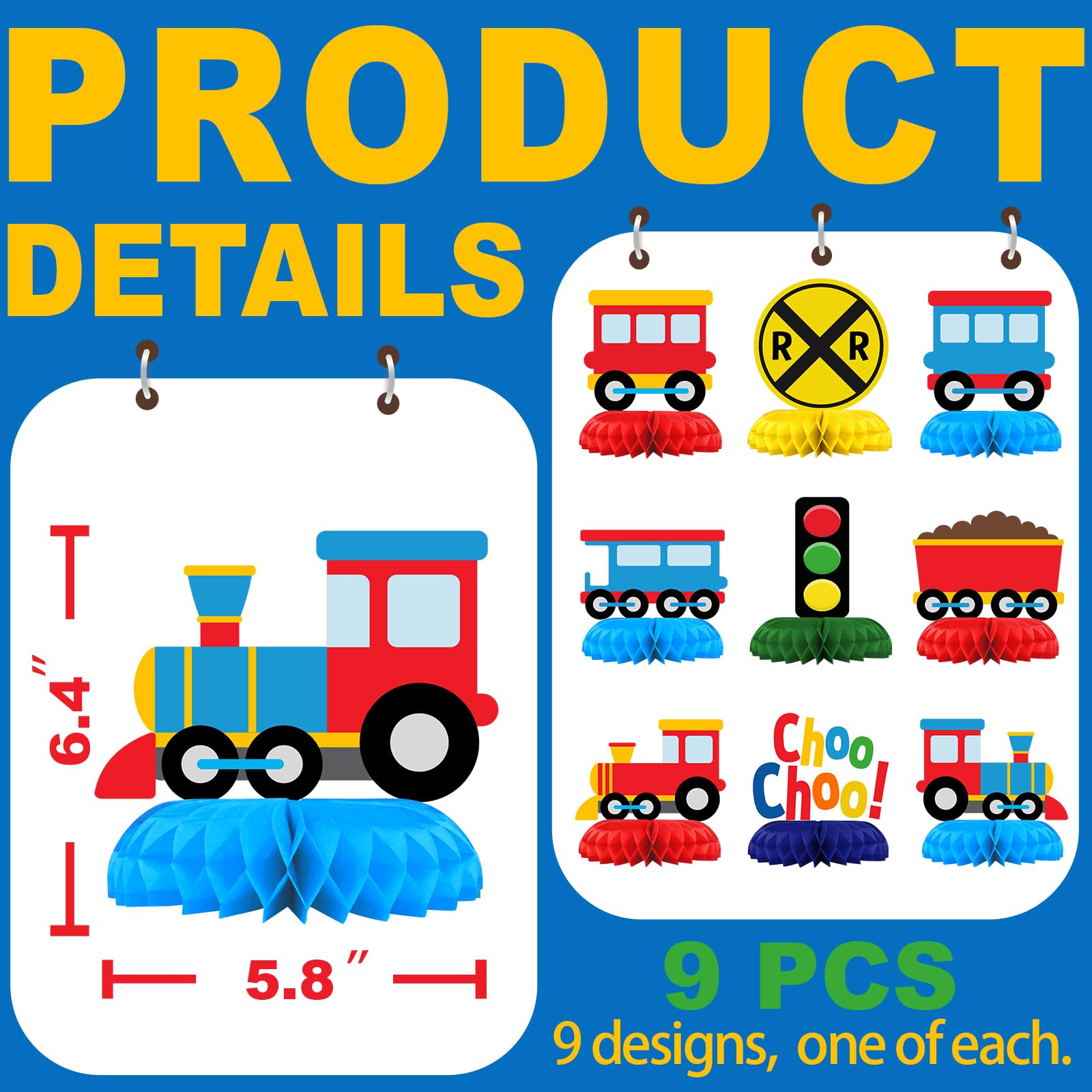 BonBeeDesign 9-Pack Train Table Decorations - Colorful Train Party Table Toppers for Kids Birthday and Baby Shower